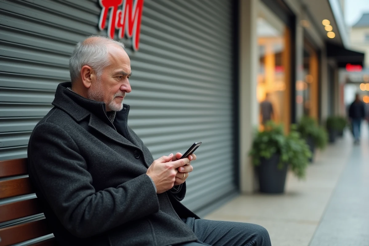 Homme consultant son téléphone devant un magasin H&M fermé dans un centre commercial