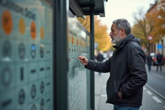 Homme étudiant un horaire de tram à Lyon 8