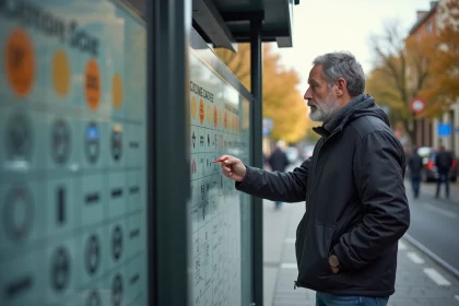 Homme étudiant un horaire de tram à Lyon 8