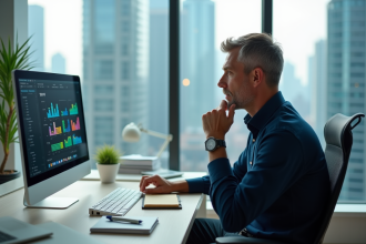 Homme d'âge moyen travaillant sur un projet digital dans un bureau lumineux