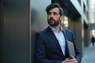 Homme d'âge moyen en costume dans la ville moderne