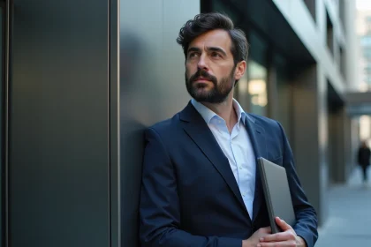 Homme d'&acirc;ge moyen en costume dans la ville moderne