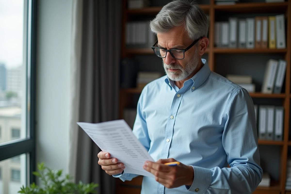 Homme d age vérifiant une fiche de paie dans un bureau à domicile