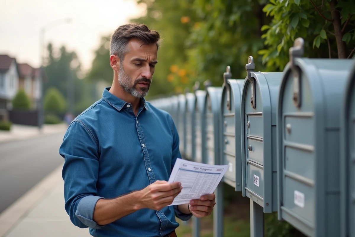 Homme v&eacute;rifie un colis devant une bo&icirc;te aux lettres dans la rue