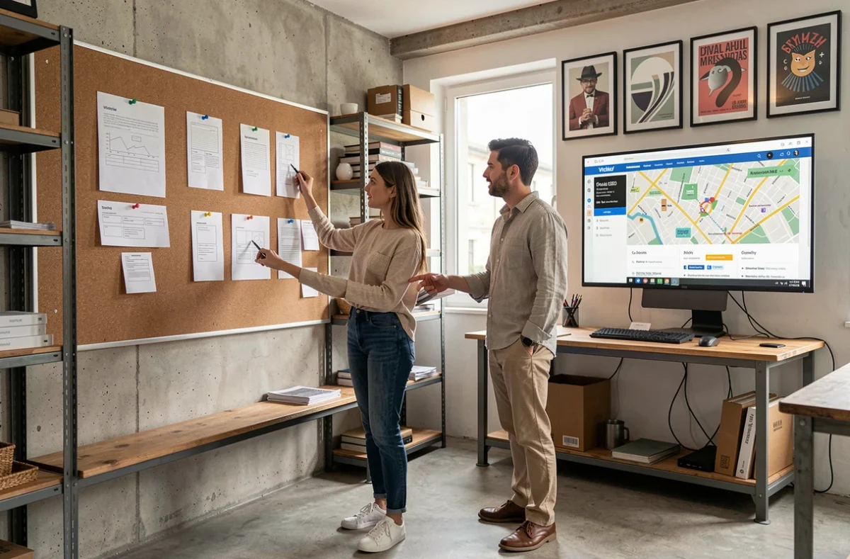 Studio créatif Imaginarium Vichy avec deux professionnels analysant une stratégie SEO locale pour des entreprises de Vichy