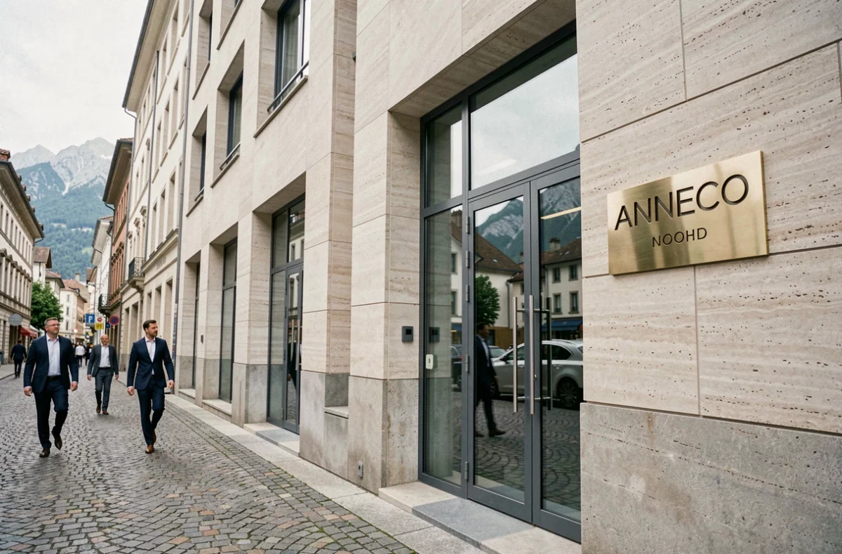 Façade d'un immeuble de bureaux professionnel à Annecy avec plaque d'entreprise, utilisé pour la domiciliation d'une société