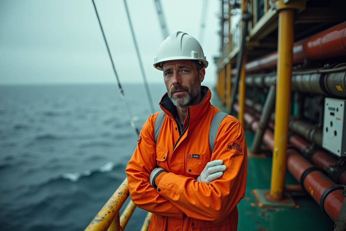 Ingénieur pétrolier en combinaison de survie sur le pont d'une plateforme offshore en mer profonde