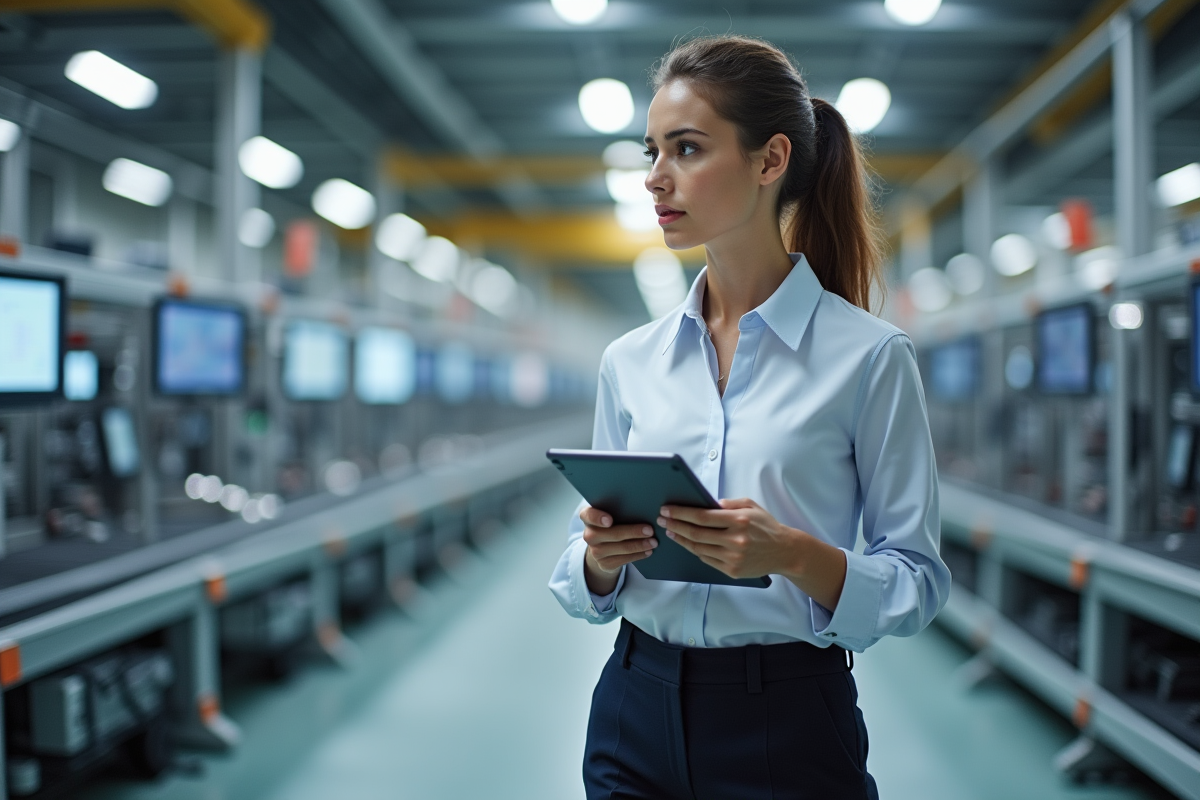 Jeune ingénieure supervisant une ligne de robots modernes