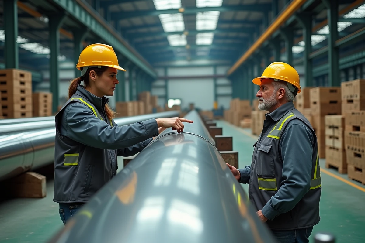 Ingénieurs inspectant des tubes inox grande longueur stockés sur supports en V dans un entrepôt industriel
