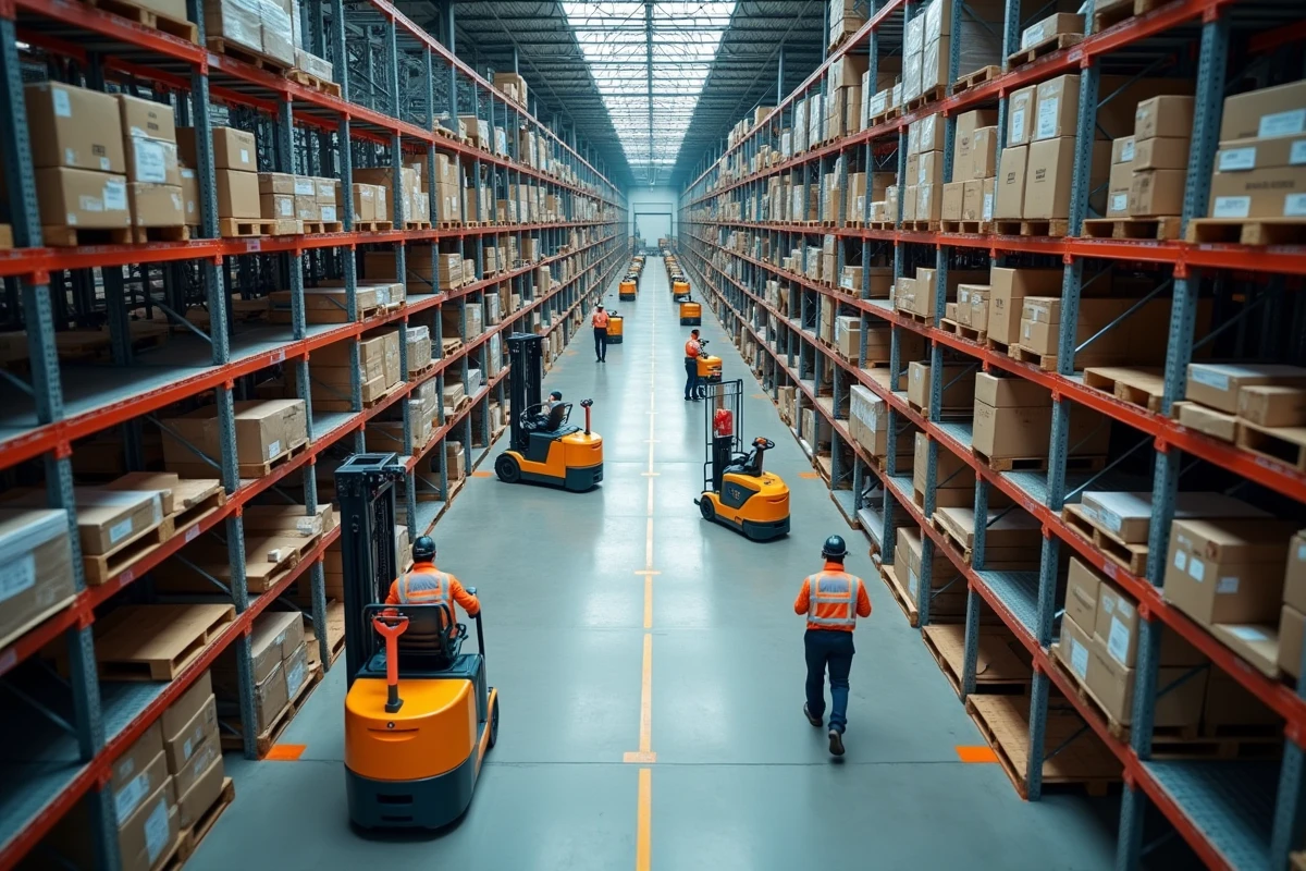 Vue intérieure d'un grand entrepôt logistique à Ormes avec chariots élévateurs et rayonnages
