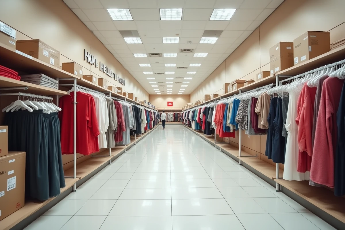 Intérieur vide d'un magasin H&M en cours de fermeture avec rayons dégagés et cartons