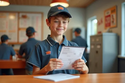 Jeune employé de 16 ans en uniforme de fast-food tenant son premier bulletin de salaire avec fierté dans la salle de pause du restaurant