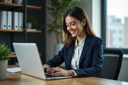 Jeune femme d'affaires analysant un tableau de bord numérique