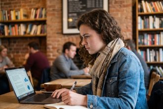 Jeune femme concentrée travaillant dans un café cosy