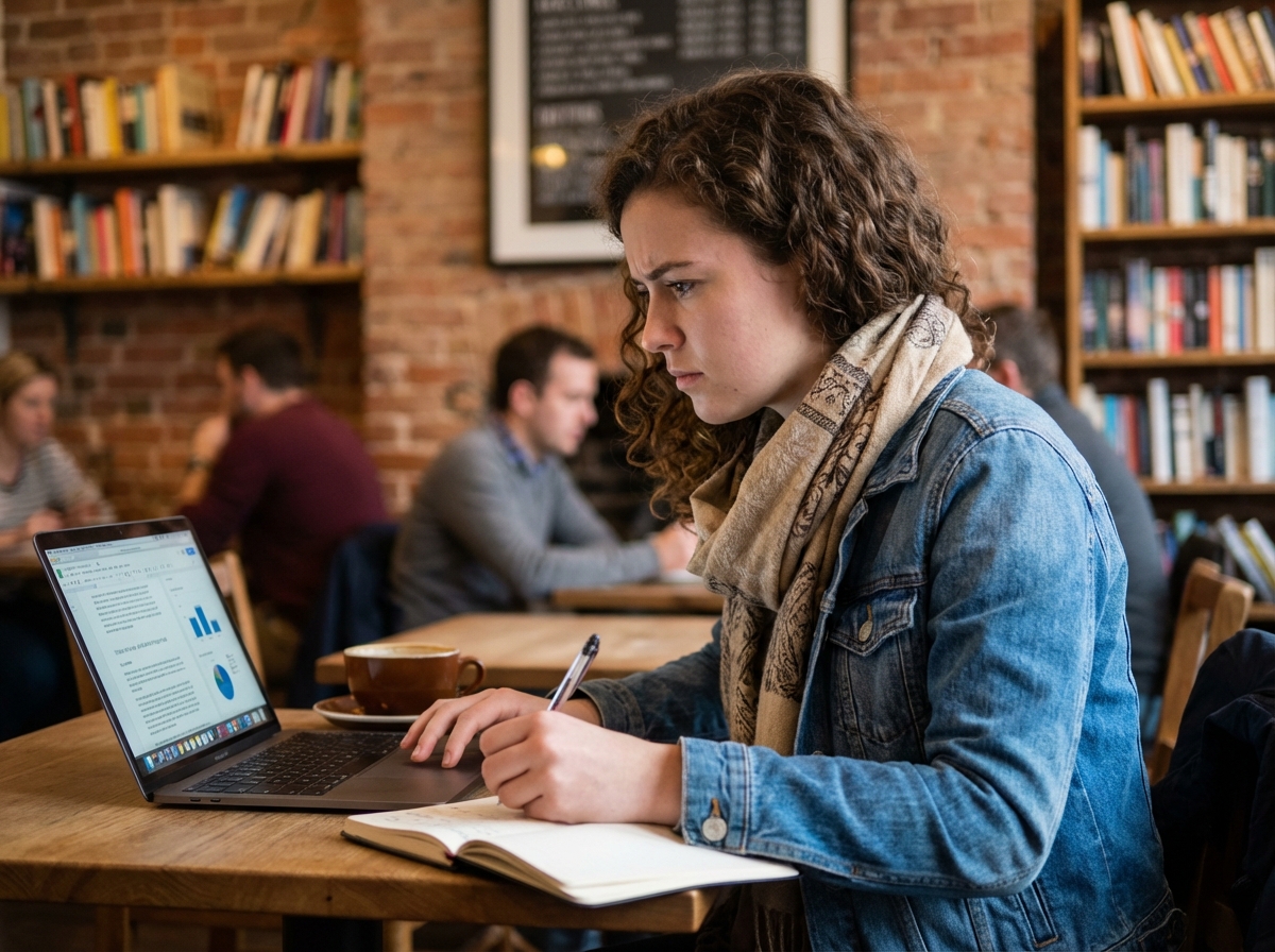Jeune femme concentrée travaillant dans un café cosy