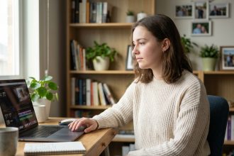 Jeune femme en jeans et pull doux travaillant sur son ordinateur
