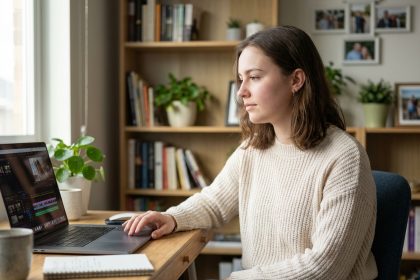 Jeune femme en jeans et pull doux travaillant sur son ordinateur