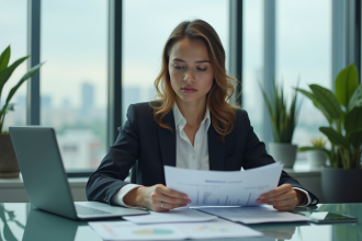 Jeune femme entrepreneure au bureau avec documents et ordinateur