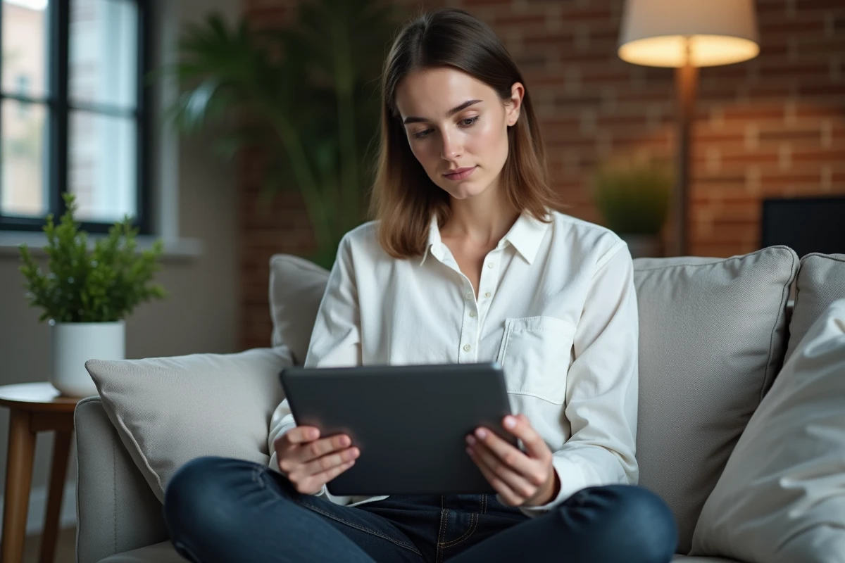Jeune femme lisant des expériences d'utilisateurs Dirvox sur une tablette dans son salon