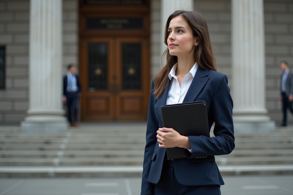 Jeune femme en costume regardant le bâtiment gouvernemental