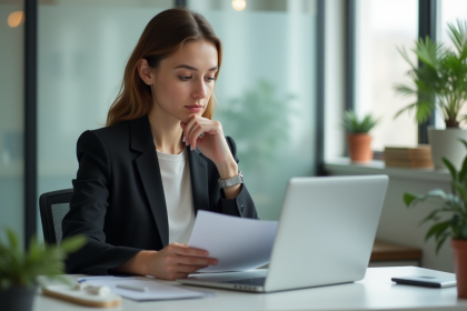 Jeune femme en bureau moderne consulte son CV sur un ordinateur