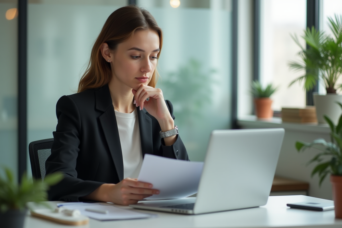 Jeune femme en bureau moderne consulte son CV sur un ordinateur