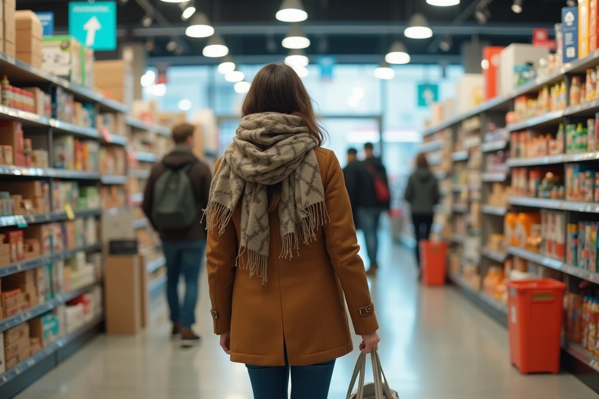Jeune femme entrant dans un magasin avec produits colorés