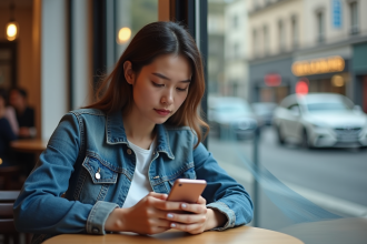 Jeune femme en denim et t-shirt blanc utilisant son smartphone