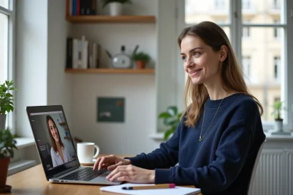 Jeune femme en télétravail dans un appartement parisien, concentrée sur un appel vidéo professionnel depuis son bureau à domicile