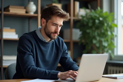 Jeune homme concentr&eacute; travaillant sur son ordinateur dans un bureau moderne