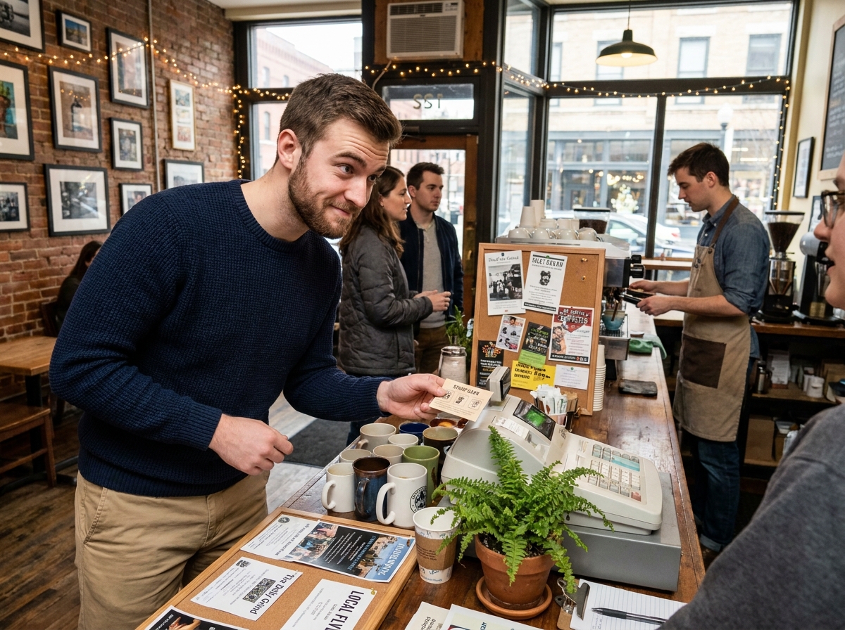 Jeune homme utilisant une carte de tampon dans un caf&eacute; urbain