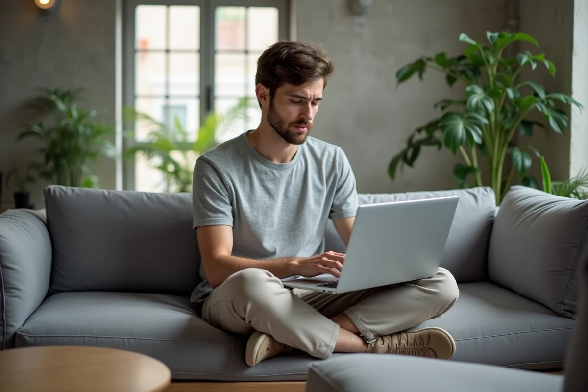 Jeune homme junior en télétravail depuis un espace de co-living moderne, travaillant sur ordinateur portable dans une ambiance minimaliste