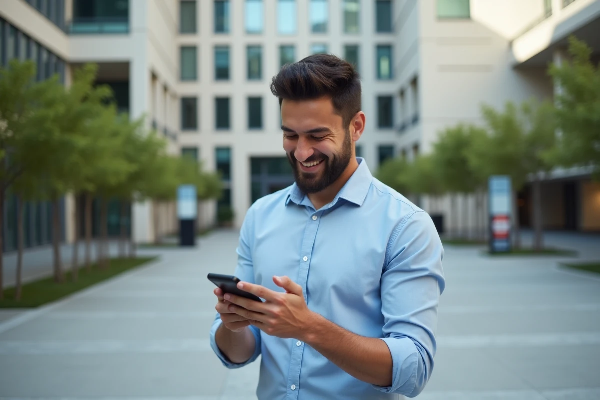 Jeune homme avec smartphone dans un espace urbain moderne