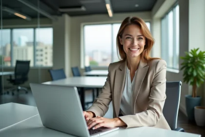 Jeune femme professionnelle en open space moderne