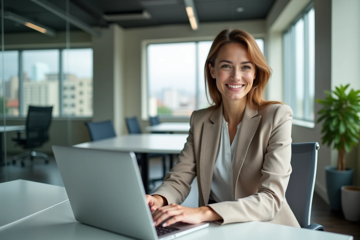 Jeune femme professionnelle en open space moderne