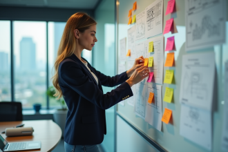 Jeune femme professionnelle arrangeant des notes colorées en réunion