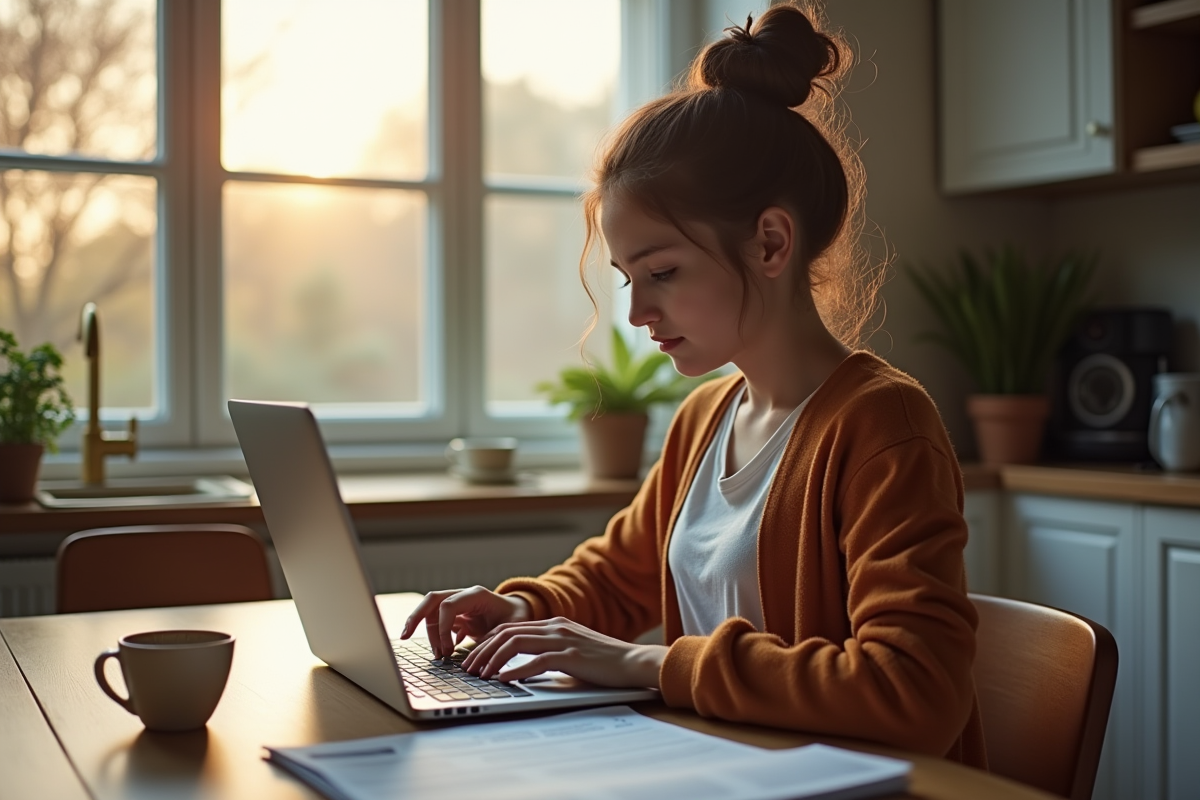 Jeune travaillant sur un ordinateur le matin