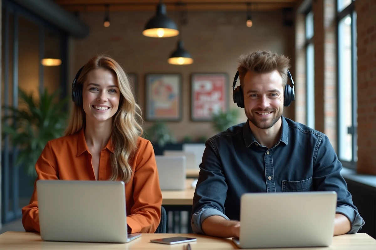 Deux jeunes professionnels juniors en télétravail dans un espace de co-working français, chacun concentré sur ses tâches à distance avec un casque audio