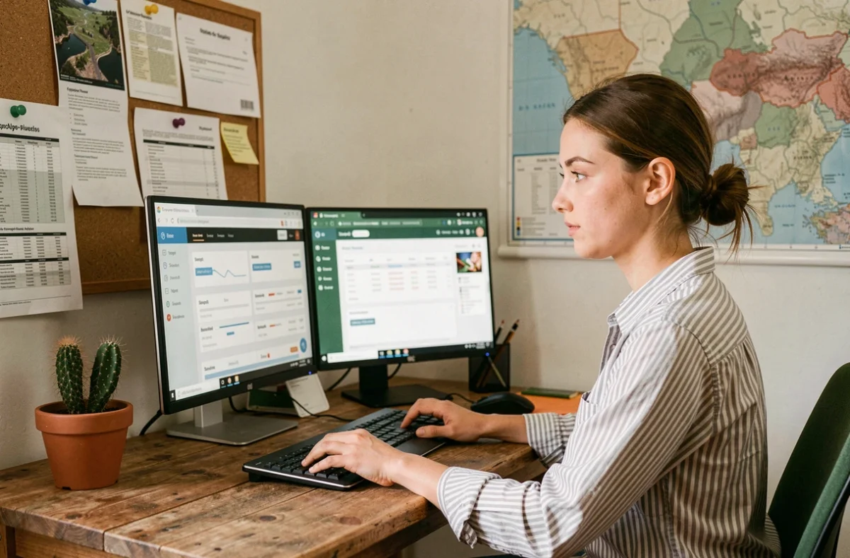 Professionnelle SEO de l'agence Kubiweb en Auvergne-Rhône-Alpes travaillant sur la création d'un site web et l'analyse de positionnement sur deux écrans