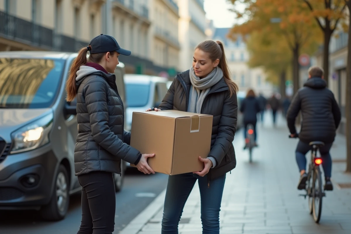 Jeune livreuse chargeant un drone dans une rue parisienne