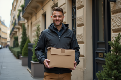 Livreur souriant devant un immeuble parisien avec colis