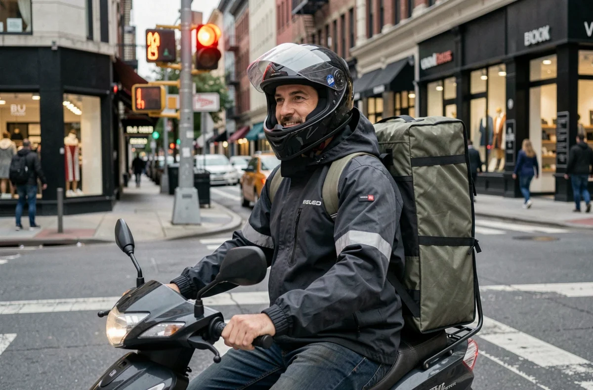 Livreur Uber Eats en scooter à un feu rouge en centre-ville avec sac de livraison