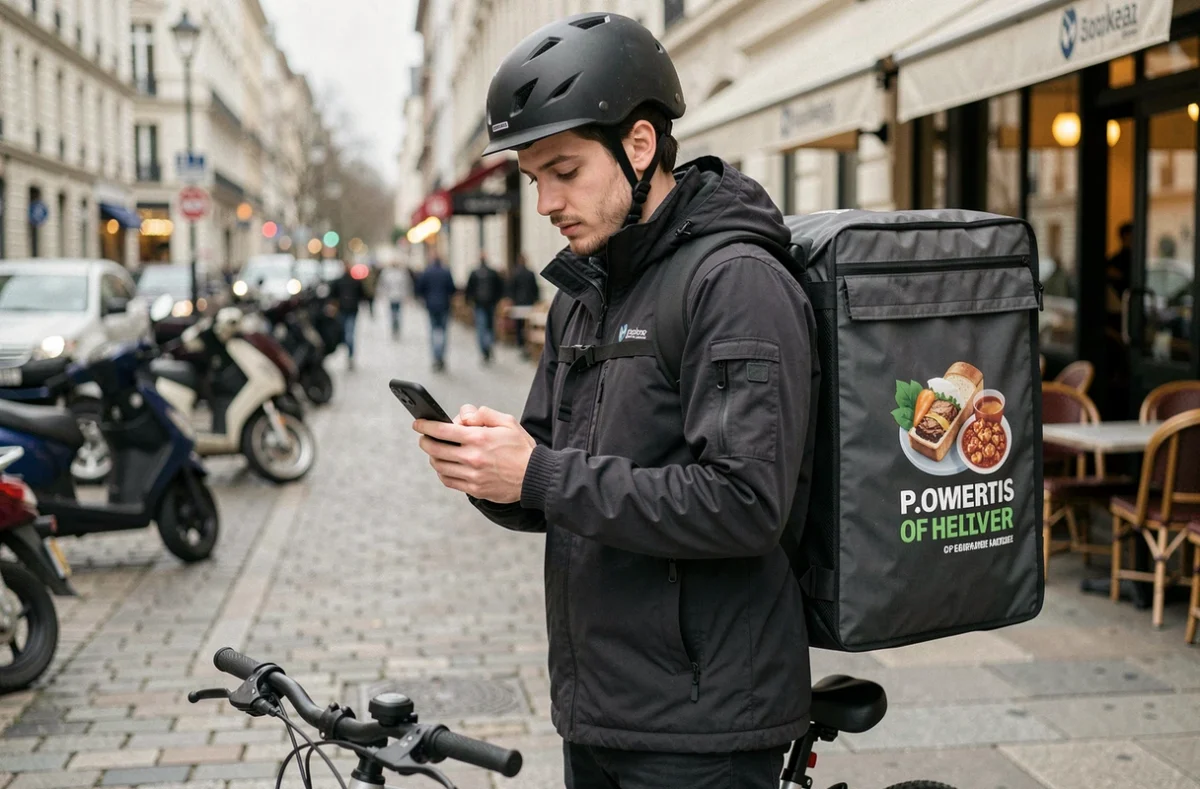 Livreur Uber Eats en vélo dans une rue urbaine avec sac thermique et smartphone