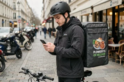 Livreur Uber Eats en vélo dans une rue urbaine avec sac thermique et smartphone
