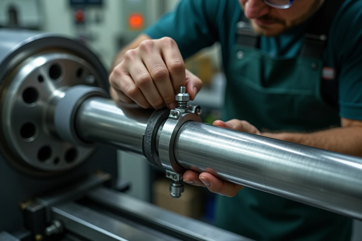 Technicien positionnant un lunette fixe sur un tube inox grande longueur sur tour CNC pour éviter la flexion
