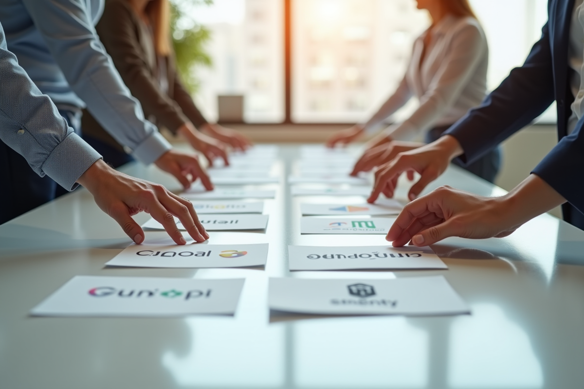 Plusieurs mains sélectionnant des cartes avec logos d