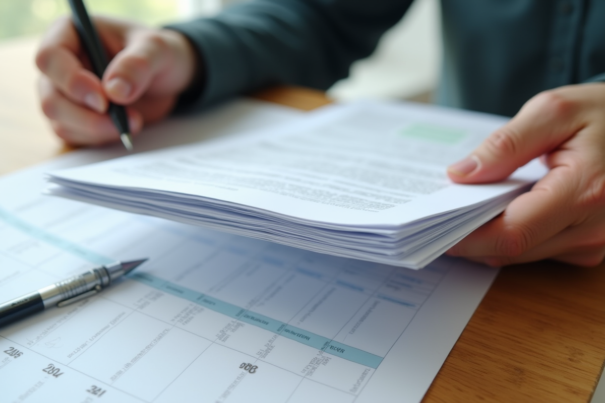 Mains tenant des papiers avec stylo et calendrier marqué