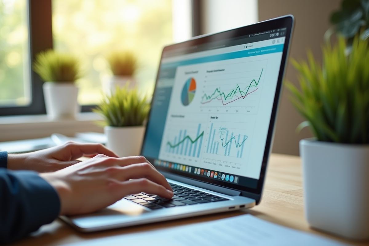 Mains utilisant un ordinateur portable avec tableau de bord marketing et ROI