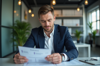 Manager en costume bleu examine un rapport salarial dans un bureau moderne