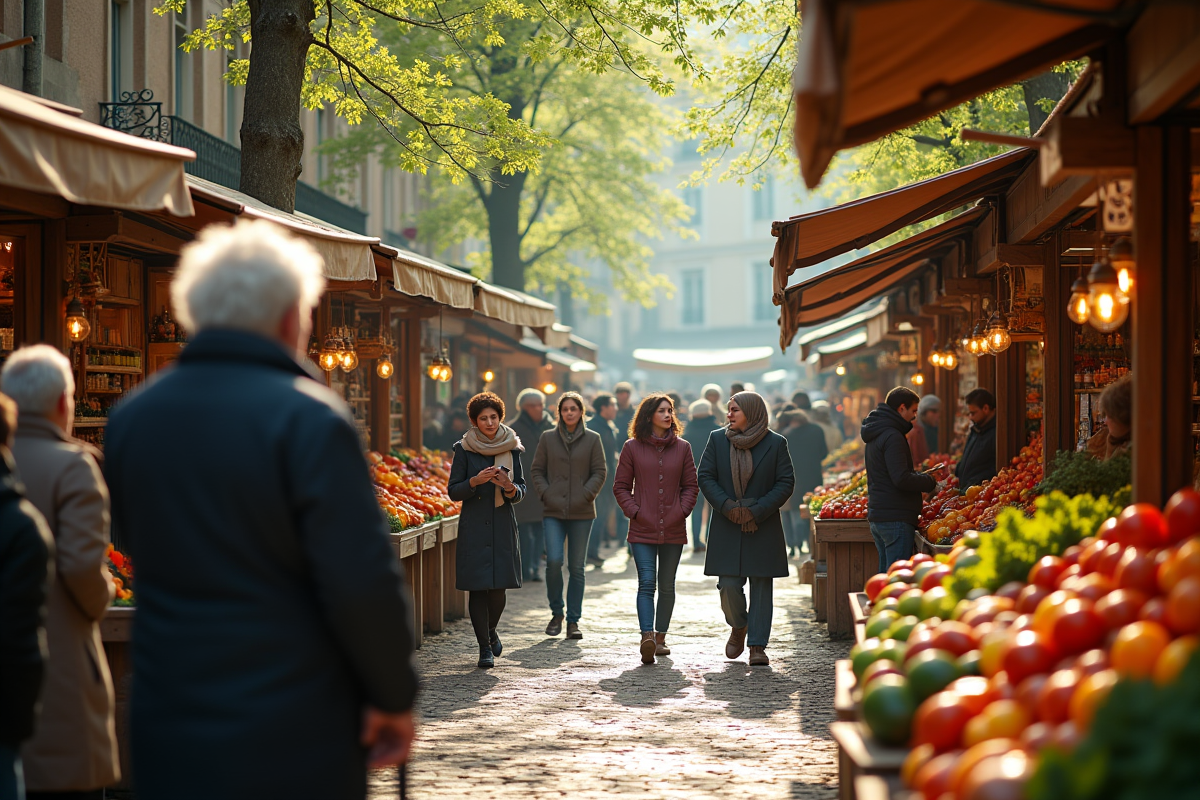 Groupe diversifié dans un marché de village français avec technologie